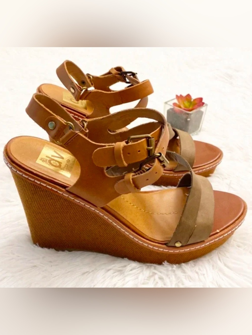 Dolce Vita Brown and Taupe Double-Strap Wedge Sandals
